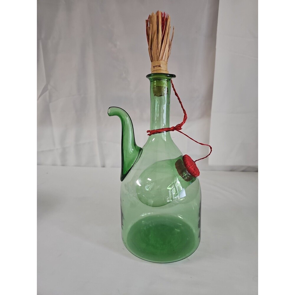 Vtg Hand Blown Italian Green Glass Wine Bottle Decanter w Ice Chamber Stopper
